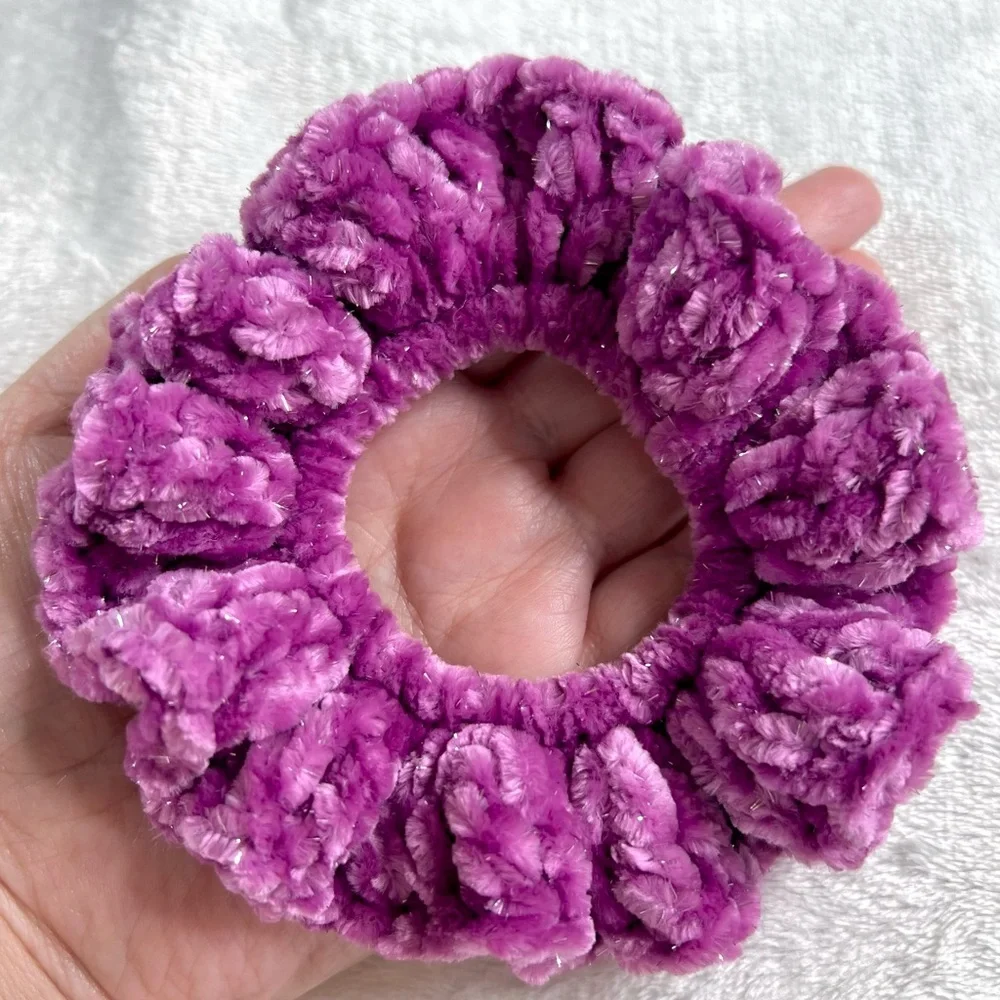 Handmade Crochet VELVET Luxe Pinkish Purple Hair Scrunchie PinkRainCloud